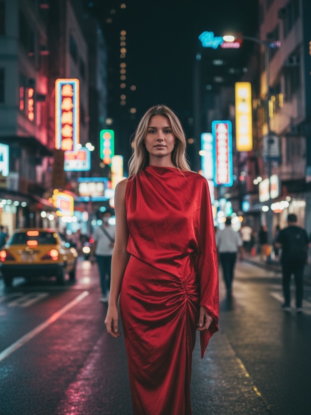 One-Shoulder Red Satin Evening Dress - Women's Draped Gown
